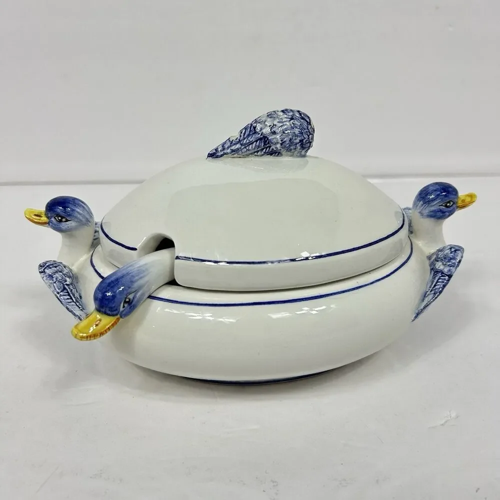 Blue White Ceramic Duck Tureen Ladle Lid Made in Italy Country Farmhouse Decor